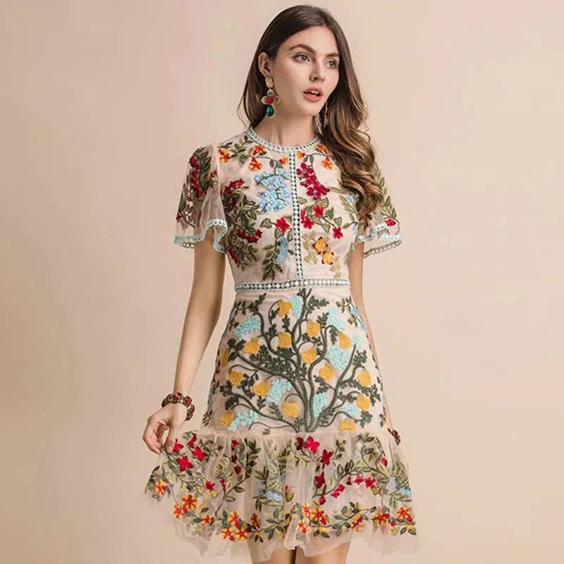 Cheky - LD LINDA DELLA New 2023 Fashion Runway Summer Dress Women's Flare Sleeve Floral Embroidery Elegant Mesh Hollow Out Midi Dresses