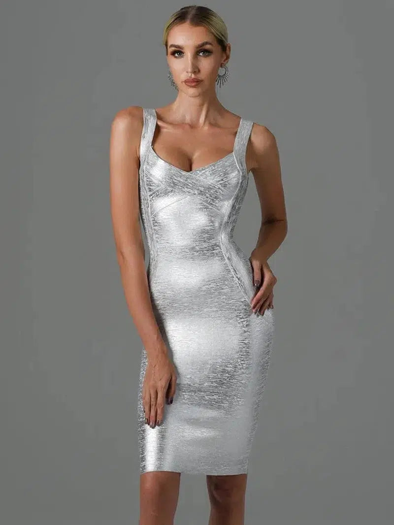 Cheky - New Women Summer Style Sexy Sleeveless Backless Gold Silver Bronzing Midi Bodycon Bandage Dress Elegant Evening Party Dress