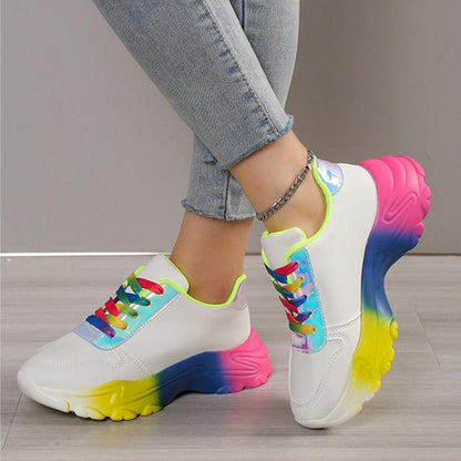 Cheky - INS Style Rainbow Color Sports Shoes For Women Thick Bottom Lace-up Sneakers Fashion Casual Lightweight Running Walking Shoes