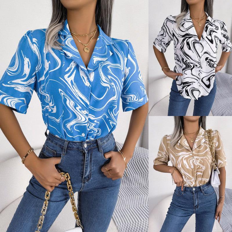 Cheky - Fashion Tie Dye Printed Short Sleeve Shirt Summer Casual Lapel Shirt Tops For Womens Clothing