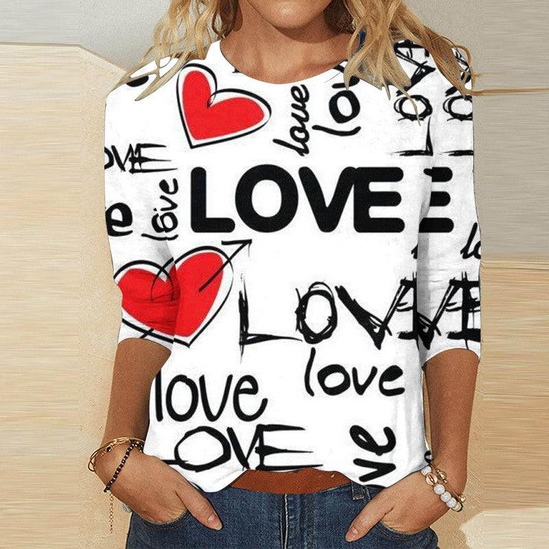 Cheky - Valentine's Day Female With Hearts Printing Crew Neck T-shirt Top