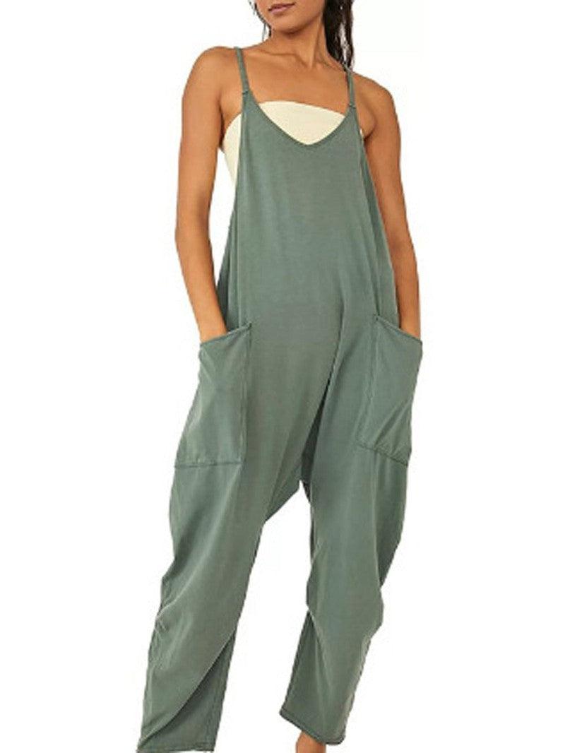 Cheky - Summer Women's Loose Sleeveless Jumpsuits Spaghetti Strap Long Pant Romper Jumpsuit With Pockets Zipper