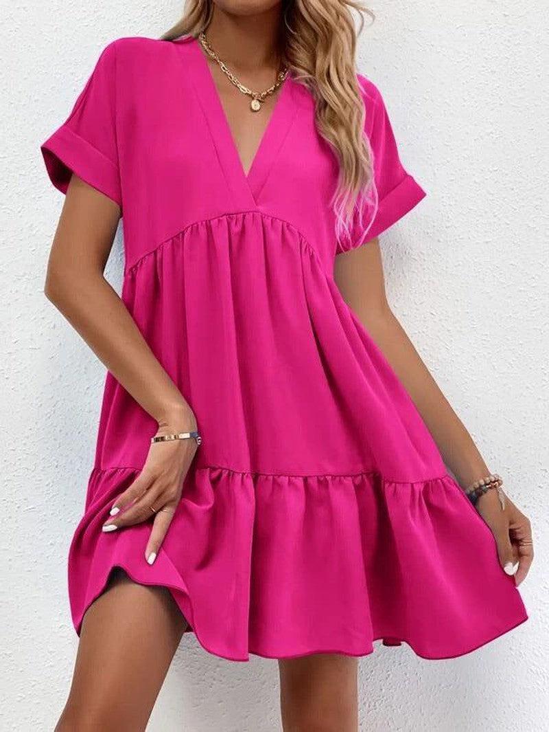 Cheky - New Short-sleeved V-neck Dress Summer Casual Sweet Ruffled Dresses Solid Color Holiday Beach Dress For Womens Clothing