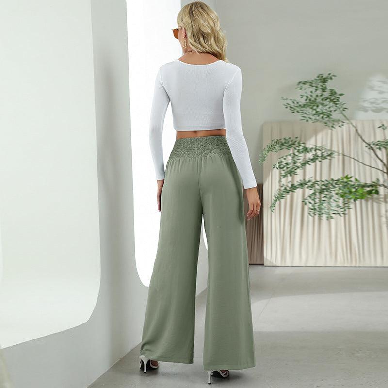 Cheky - Fashion Straight Wide Leg Pants Elastic High Waist Casual Trousers For Women