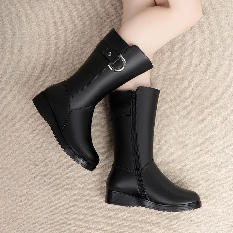 Cheky - Winter Flat Non-slip Leather Shoes Fleece-lined Thermal Middle Tube Cotton Boots