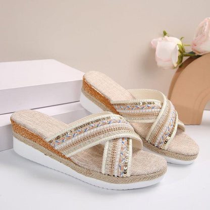 Cheky - Linen Wedge Sandals Summer Ethnic Style Cross-strap Sandals For Women Non-slip Slides Beach Shoes