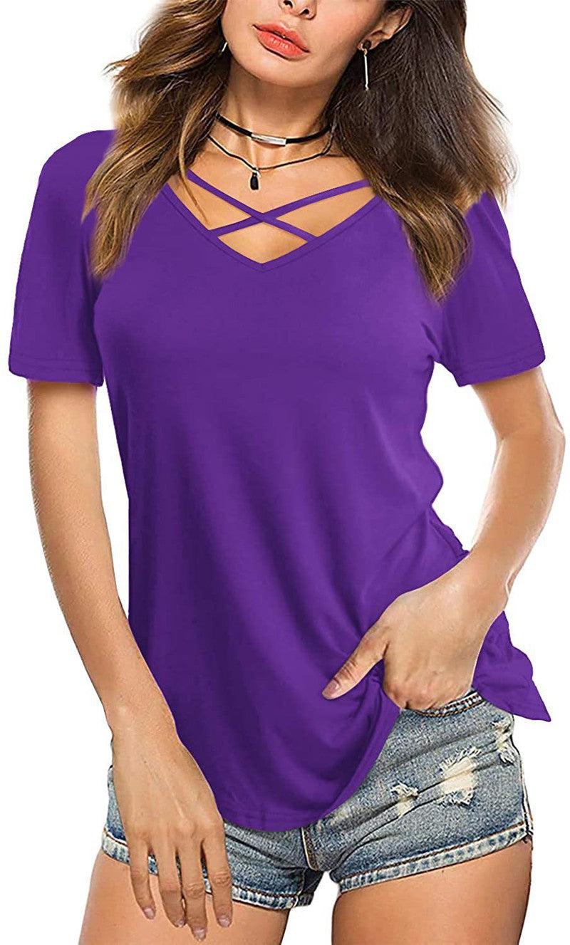 Cheky - Front Cross VNeck Short Sleeve Loose TShirt Women