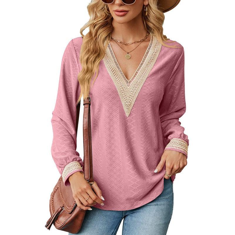 Cheky - Lace Stitching V-neck T-shirt Loose Long-sleeved Solid Color Top For Women