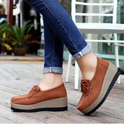 Cheky - New Tassel Bow Design Shoes For Woman Fashion Thick Bottom Wedges Shoes Casual Slip On Solid Color Flats