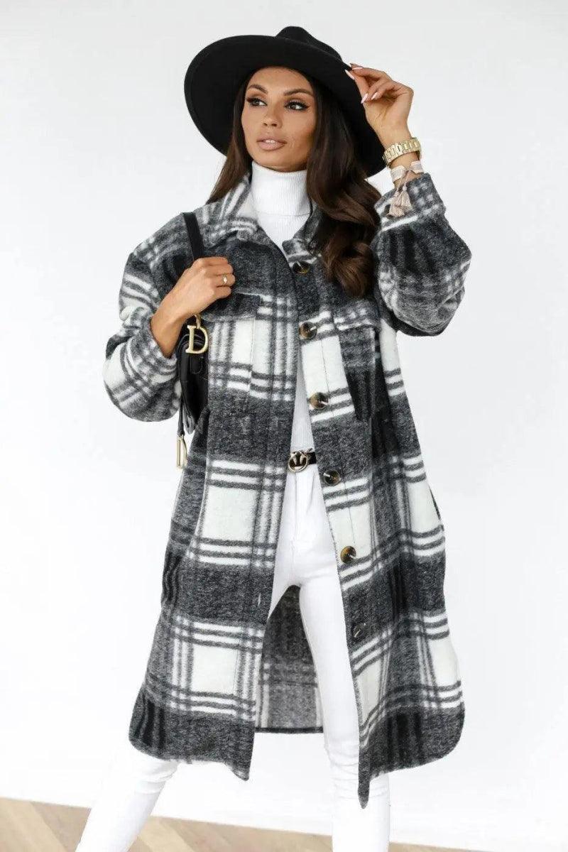 Cheky - Button lapel casual warm plaid long woolen coat