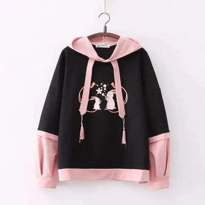 Cheky - Cartoon Double Rabbit Print Hooded Student Hoodie