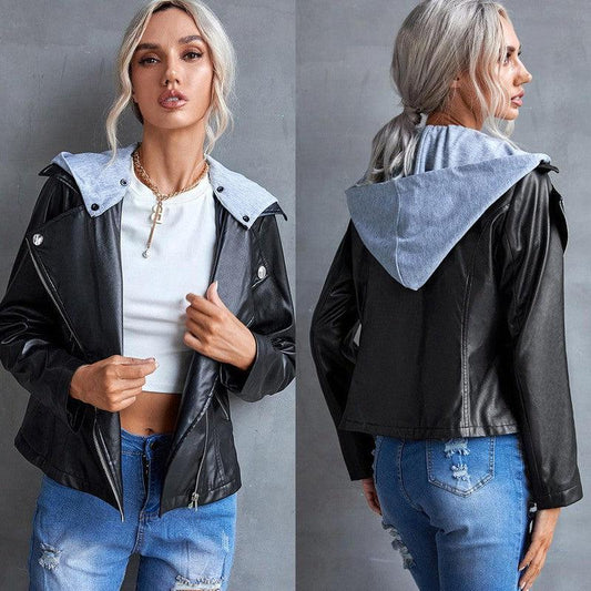 Cheky - Casual PU Jacket With Hood And Removable Side Zipper