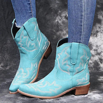 Cheky - Cowboy Boots Women Embroidery Wedge Heel Shoes Western Cowgirl Boots