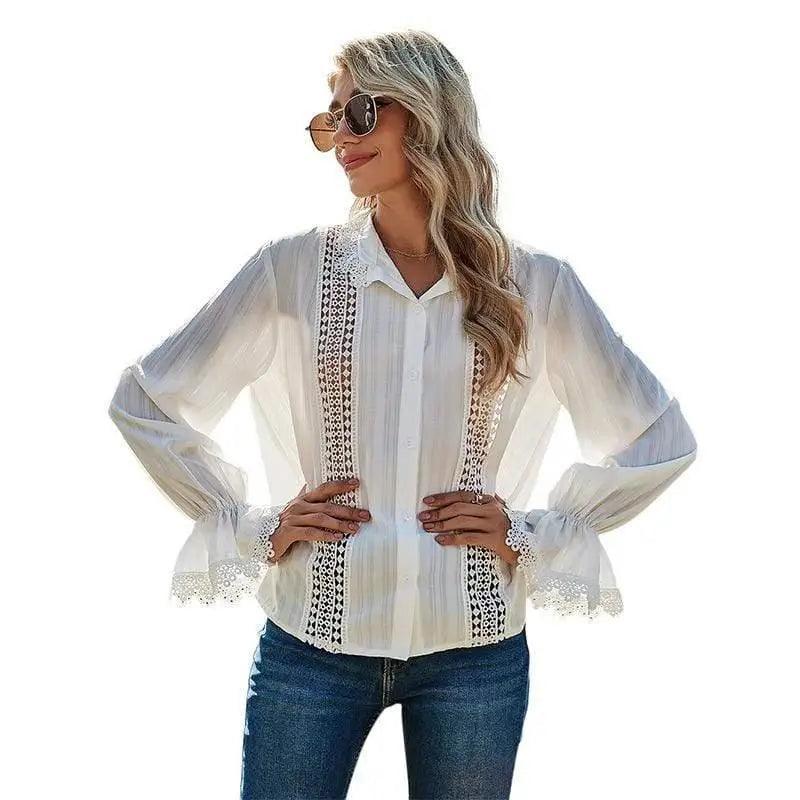 Cheky - Cross Border Women's Shirt with Cut Out Lace And Longsleeve