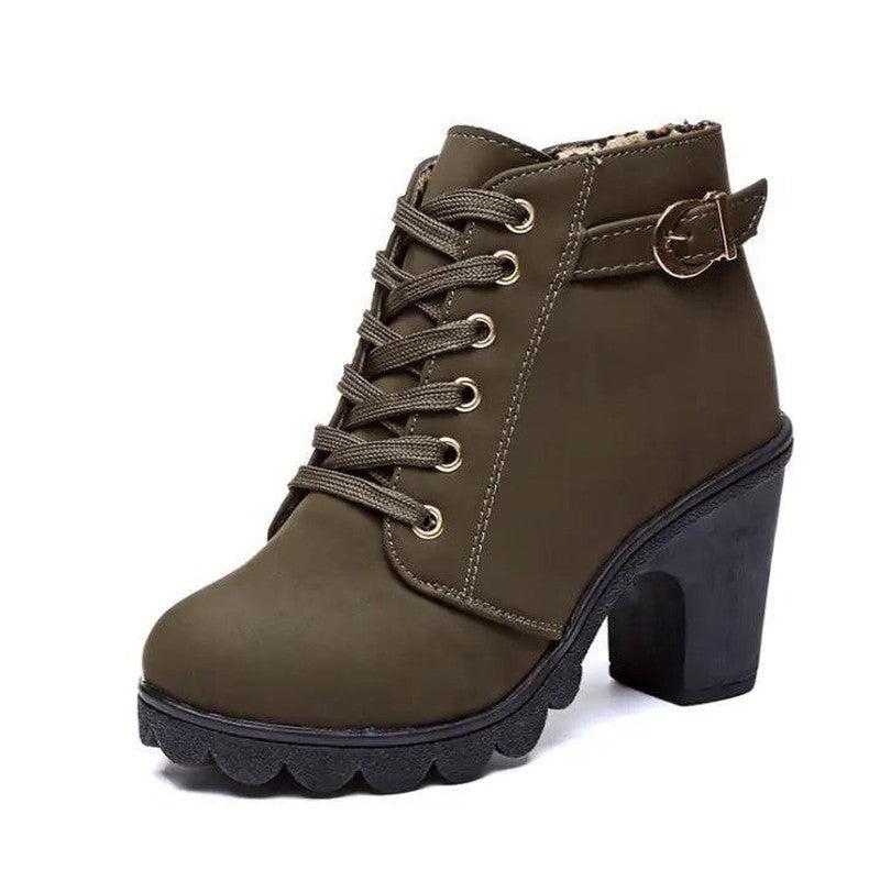 Cheky - Cuculus New Spring Winter Women Boots High Quality Solid Lace-up European Ladies shoes PU Fashion high heels Boots 656