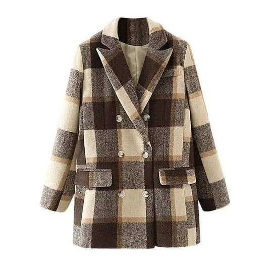 Cheky - Double-breasted woolen plaid blazer