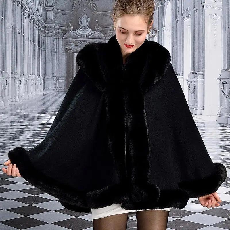 Cheky - Double-layer Hooded Cloak New Style Rex Rabbit Fur Collar