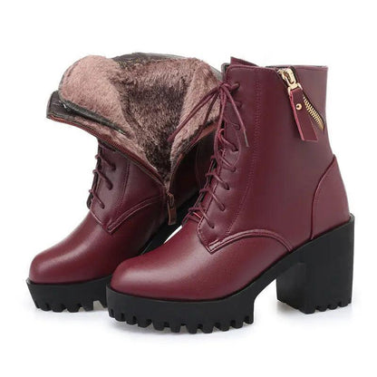 Cheky - Genuine Leather Fashion High Heel Thick Heel Army Boots Women Wool Women Ankle Boots