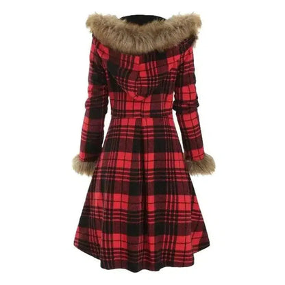 Cheky - Hooded fur and woolen mid-length coat