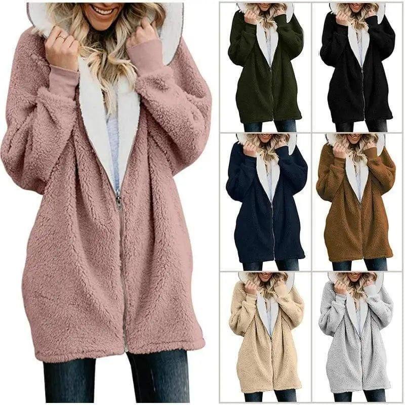 Cheky - Hooded zipper cardigan fur coat plush sweater