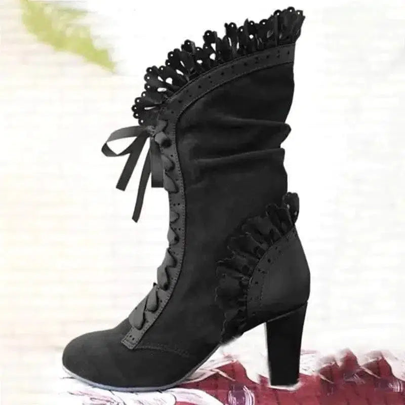 Cheky - Lace-Up Combat Boot Women Ruffle Design Ethnic Shoes