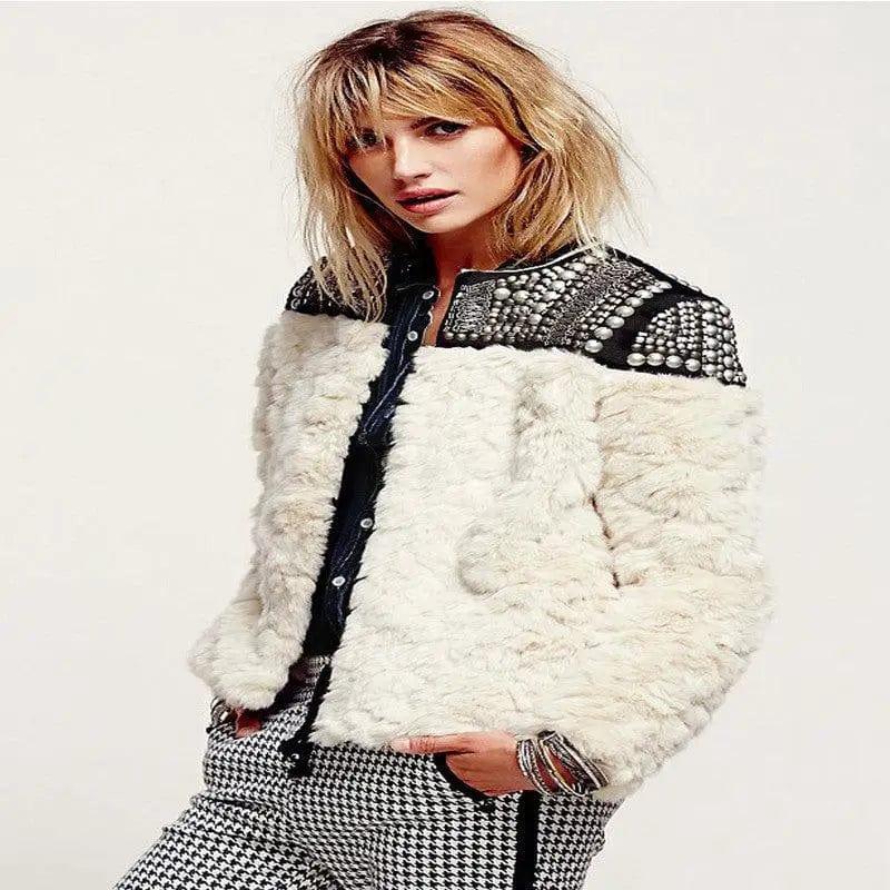 Cheky - Lamb Wool Beaded Fur Short Coat Thickened Cashmere