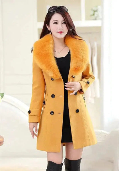 Cheky - Large fur collar woolen coat