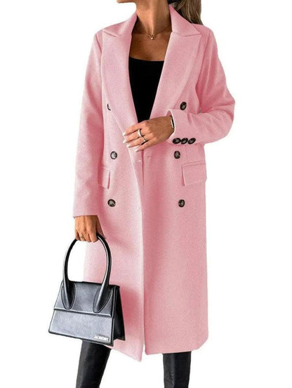 Cheky - Long Sleeve Lapel Solid Double Breasted Slim Coat Coat