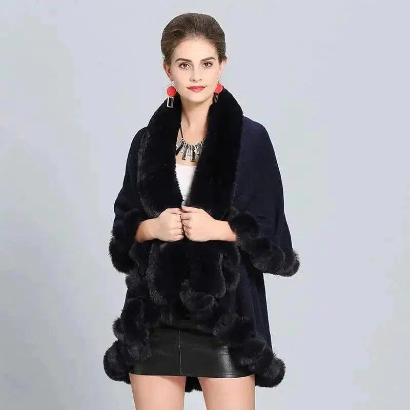 Cheky - Loose Fox Fur Collar Double-layer Knitted Shawl Cloak Coat