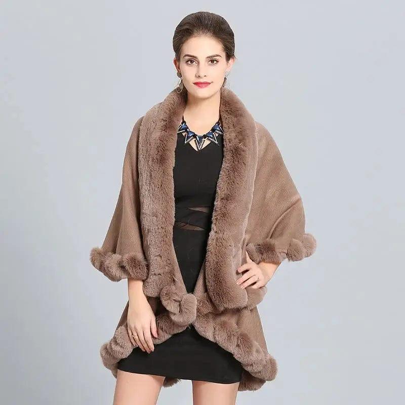 Cheky - Loose Fox Fur Collar Double-layer Knitted Shawl Cloak Coat