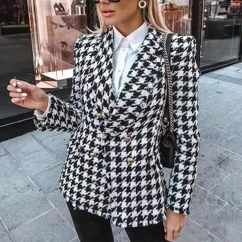 Cheky - Houndstooth jacket women autumn retro thick plaid jacket