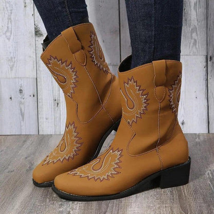 Cheky - New Large Short Boots Embroidered Ethnic Style Slope Heel Casual Women