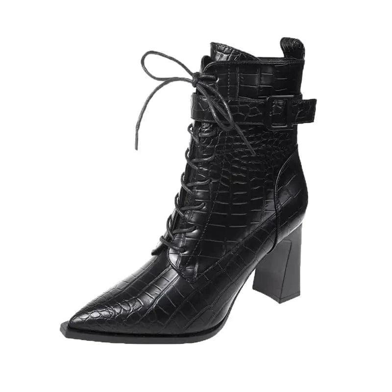 Cheky - Pointed-toe Boots Winter Alligator Pattern Lace-up Shoes Women