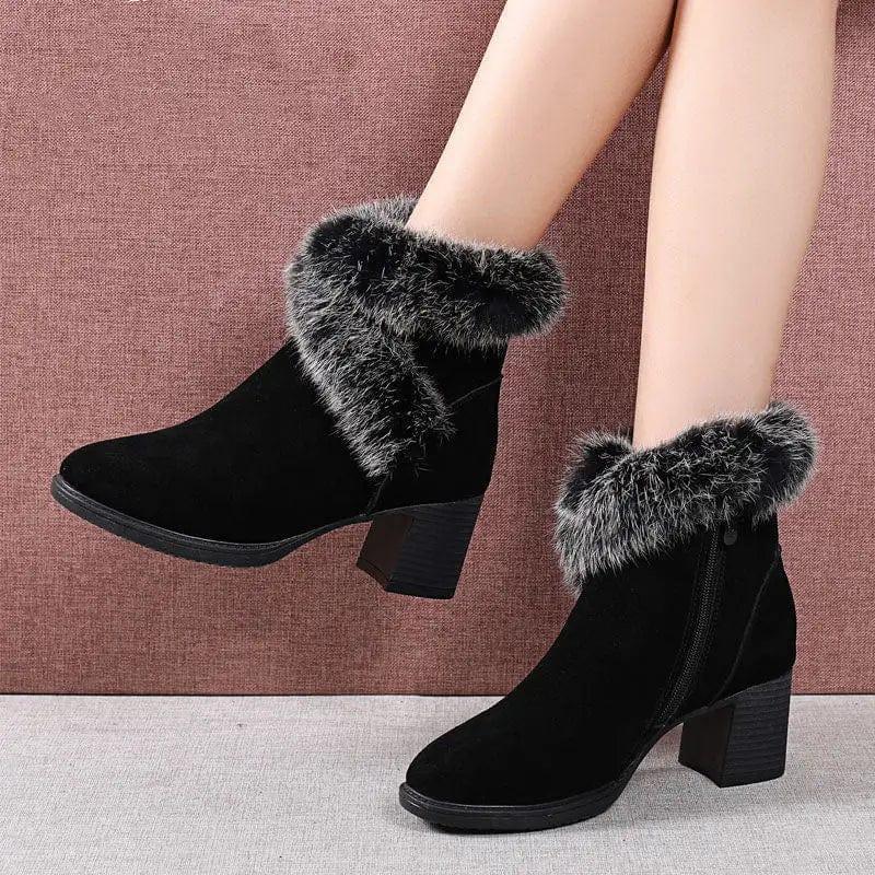 Cheky - Rabbit Fur Snow Boots Women Cotton Shoes Mid Heel Plus Velvet Thick Warm