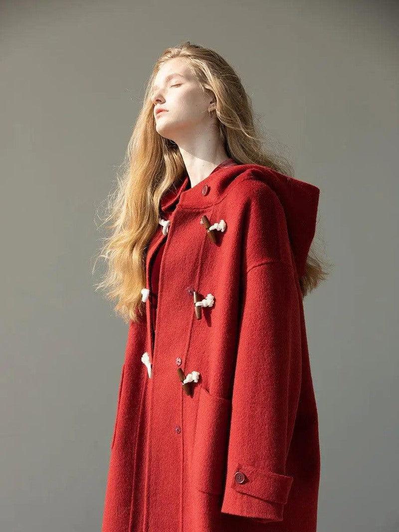 Cheky - Retro Red Wool Double Faced Woolen Coat Women