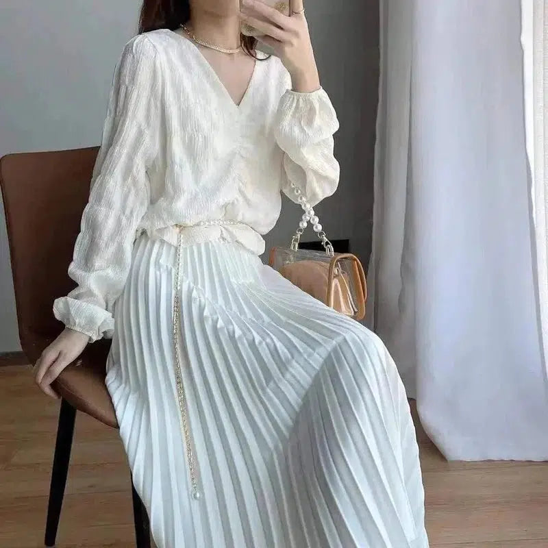 Cheky - Self-made Cloud Shirt Pleated V-neck Long Sleeves