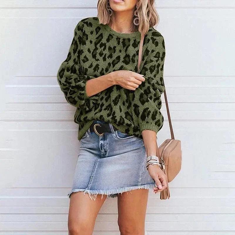 Cheky - Street Long Sleeve Lantern Sleeve Loose Leopard Print