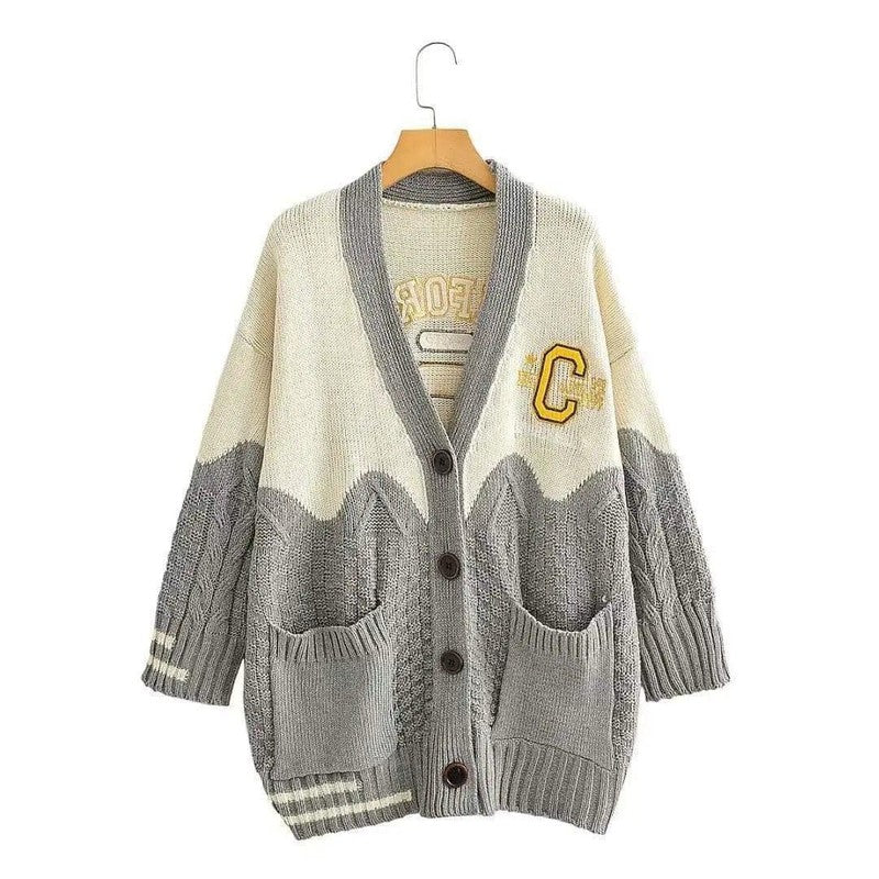 Cheky - V-neck contrast letter cardigan sweater women