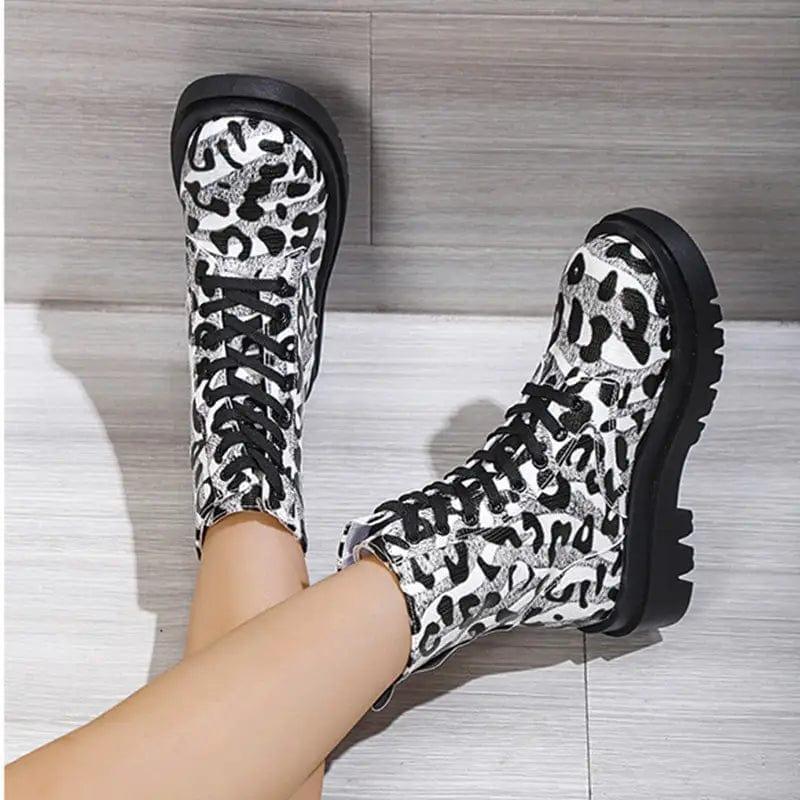 Cheky - Women Martin Boots Black White Leopard Print Low Heel Shoes Cowgirl Boots