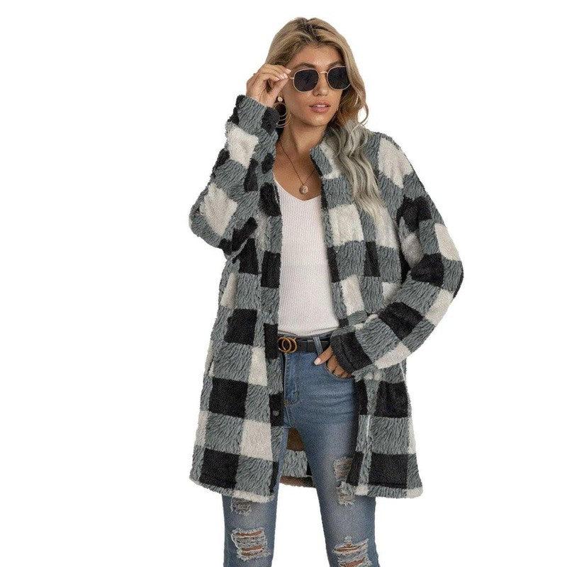 Cheky - Women's Long-sleeved Plaid Print Mid-length Shirt Jacket