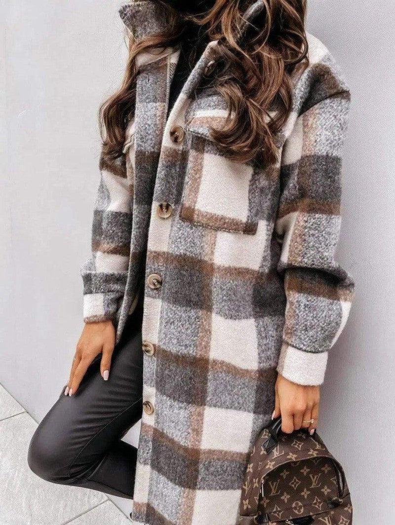 Cheky - Women's Long-sleeved Plaid Print Mid-length Shirt Jacket