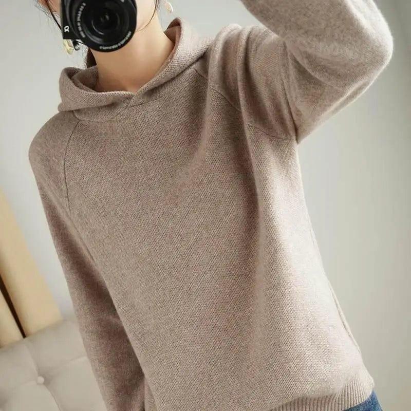 Cheky - Wool Sweater Women's Hooded Pullover Long-sleeved Knitted